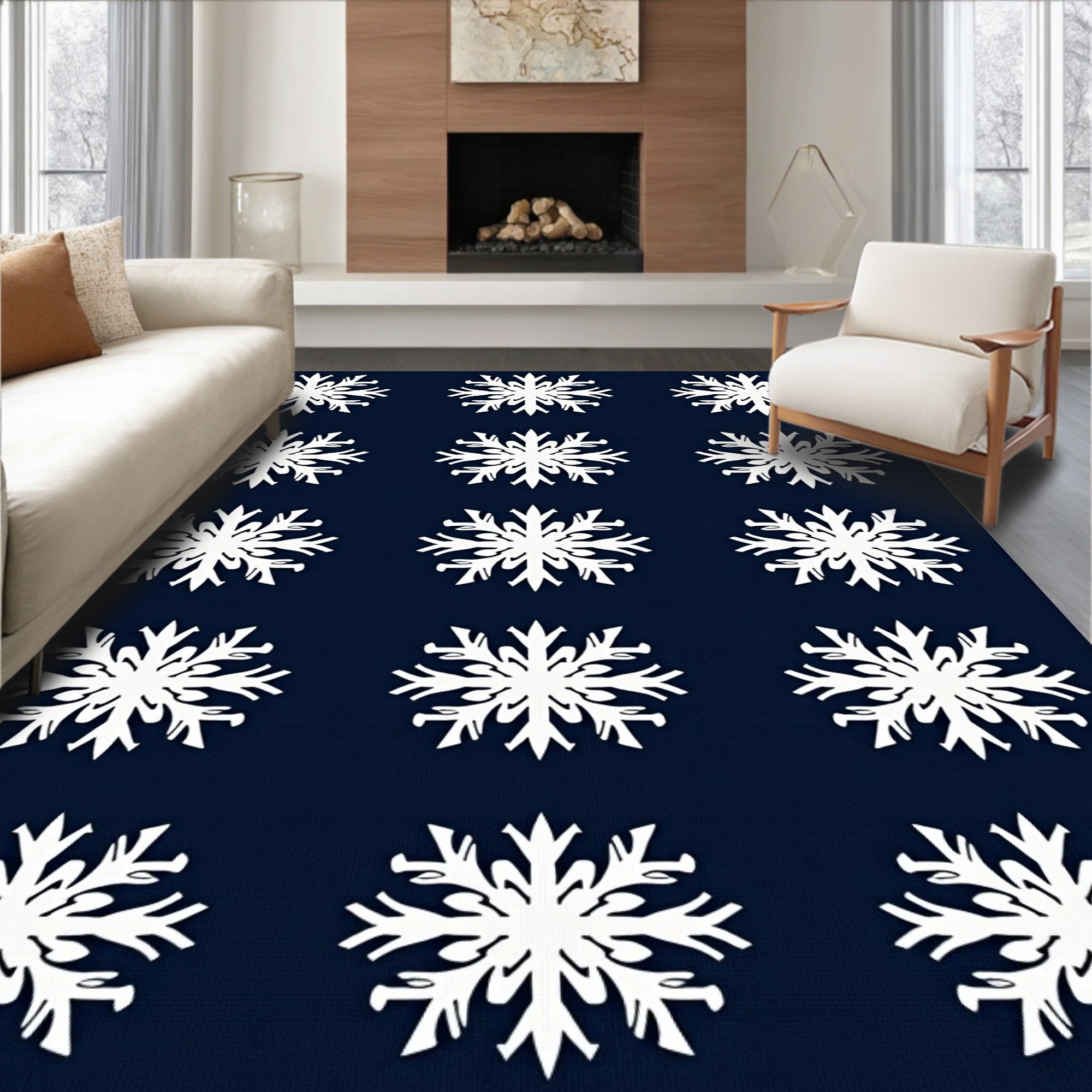 White Snowflake Navy Repeat Rug