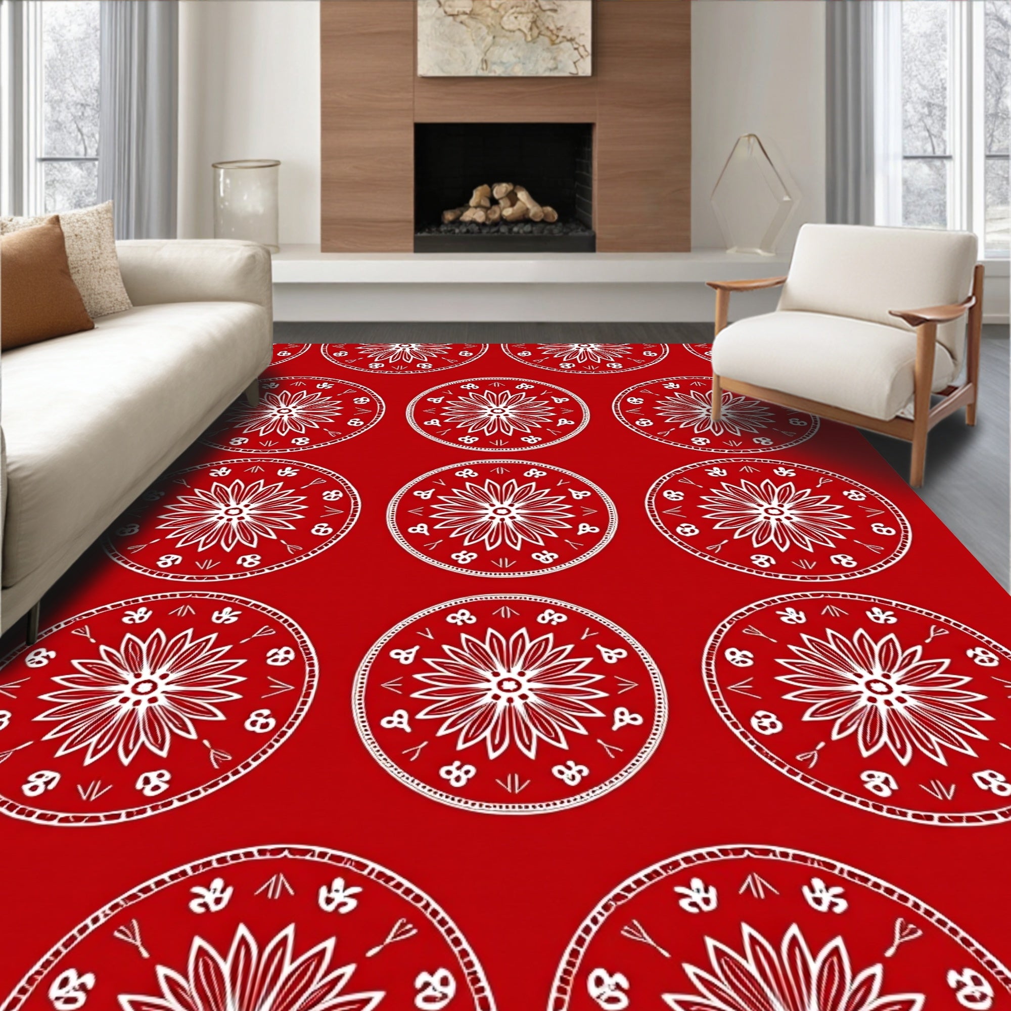 Traditional Red Circular Floral Medallion Rug
