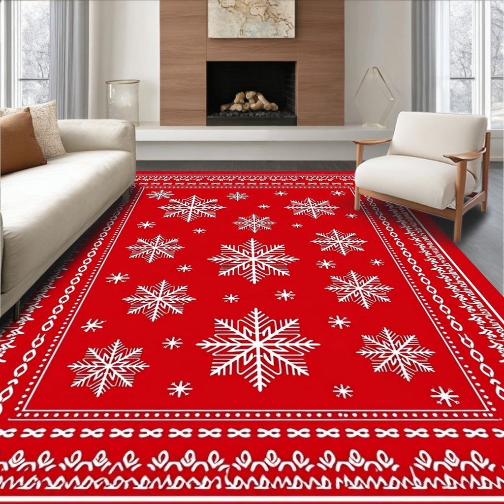 Red Snowflake Holiday Border Rug