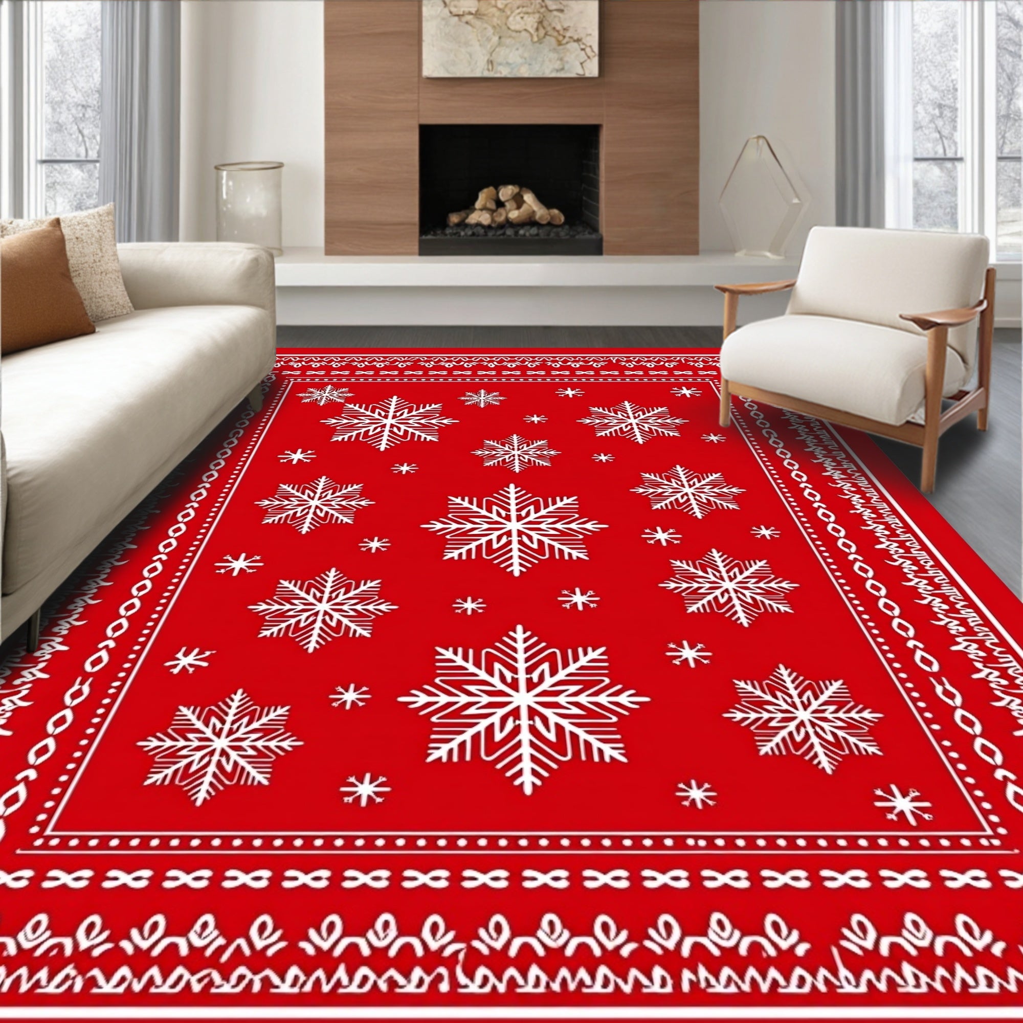 Red Snowflake Holiday Border Rug