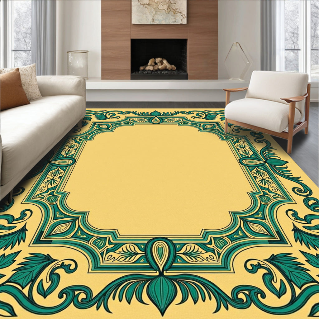 Teal Emerald Botanical Arch Border Rug