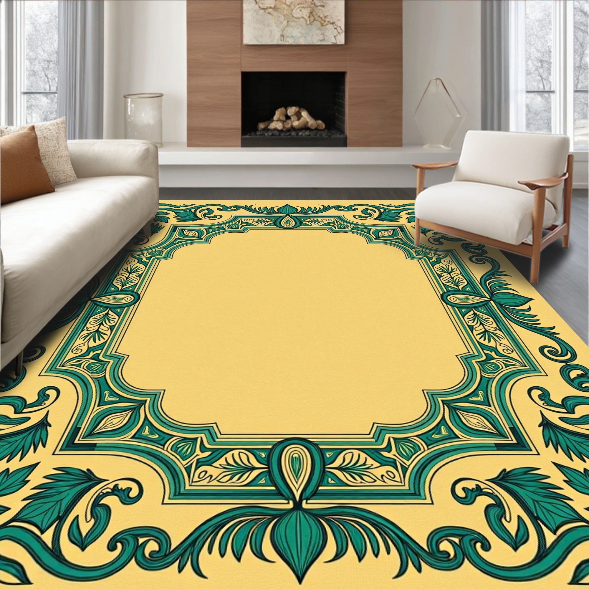 Teal Emerald Botanical Arch Border Rug
