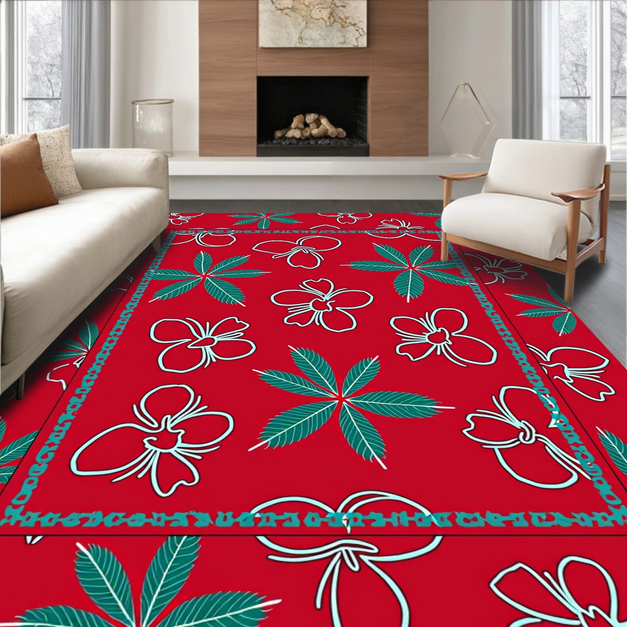 Chic red floral leaf border Rug