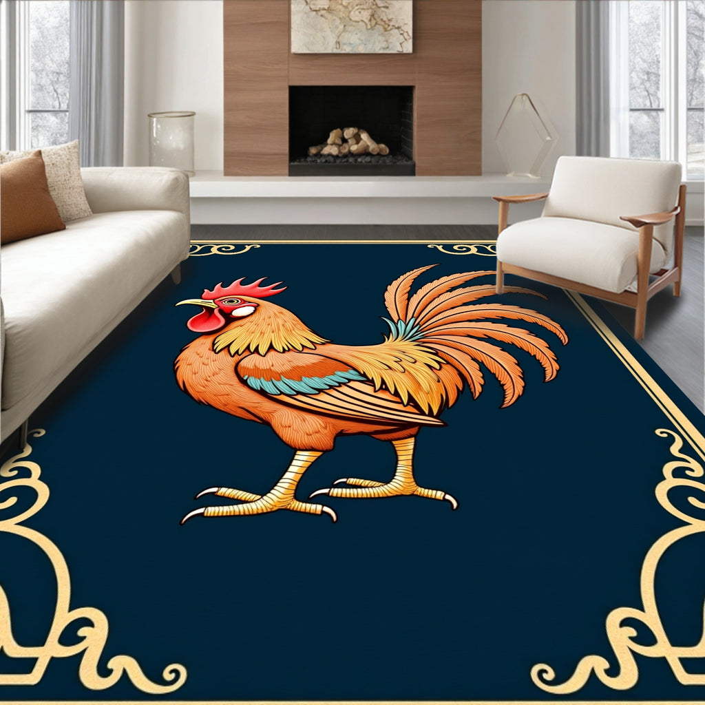 Golden Rooster Dark Blue Frame Rug