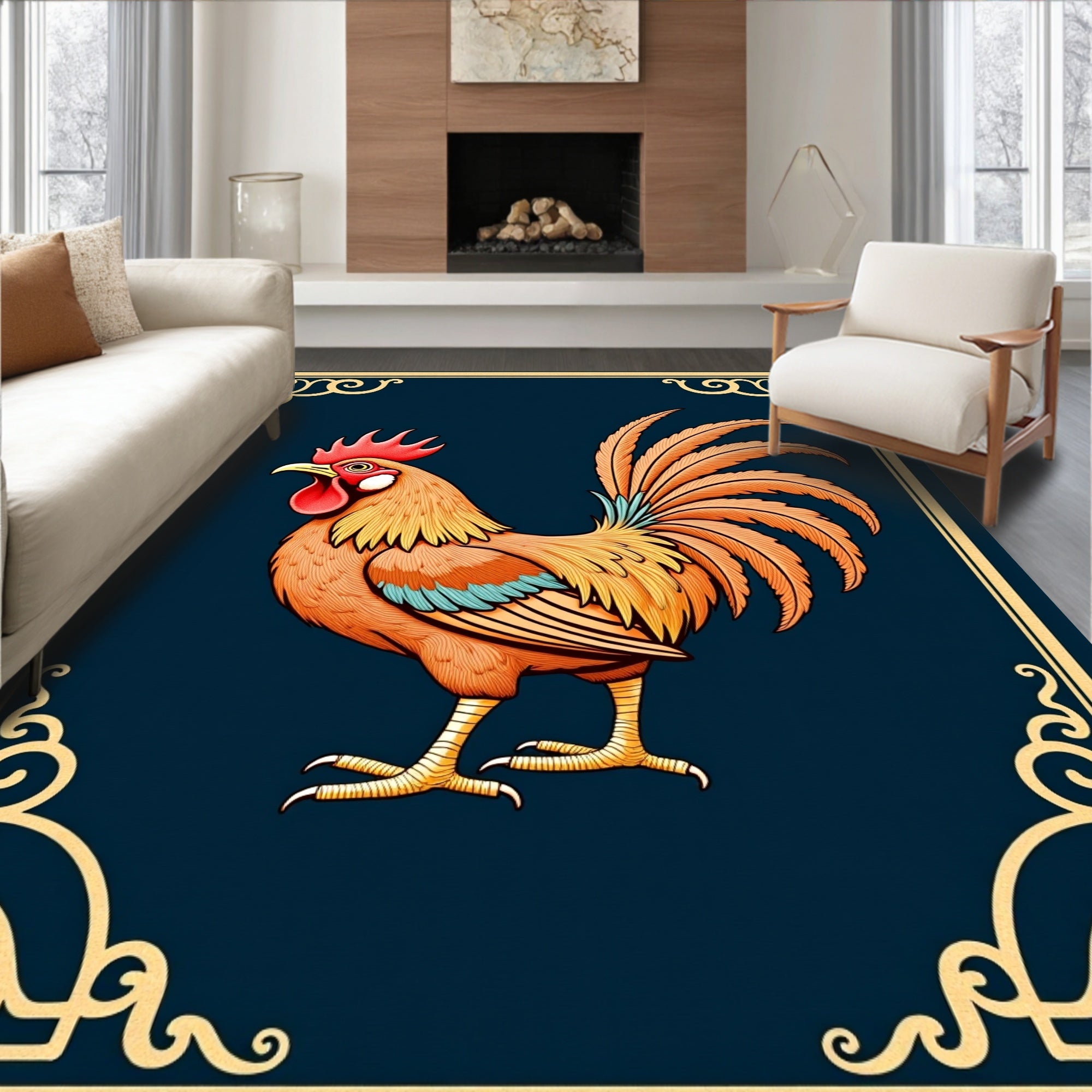 Golden Rooster Dark Blue Frame Rug