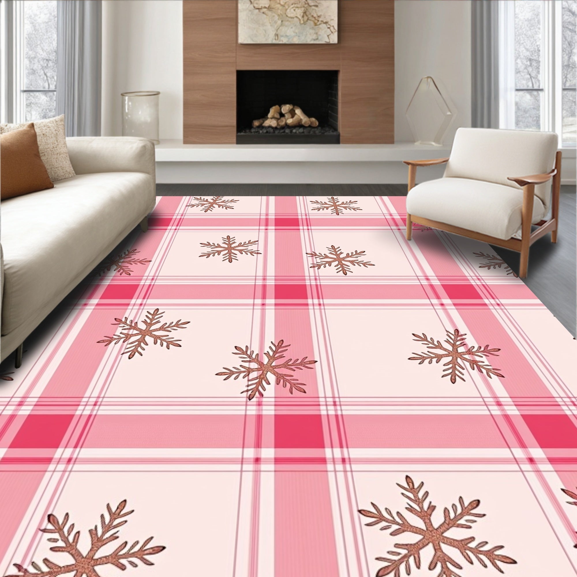 Pink Plaid Snowflake Scatter Rug
