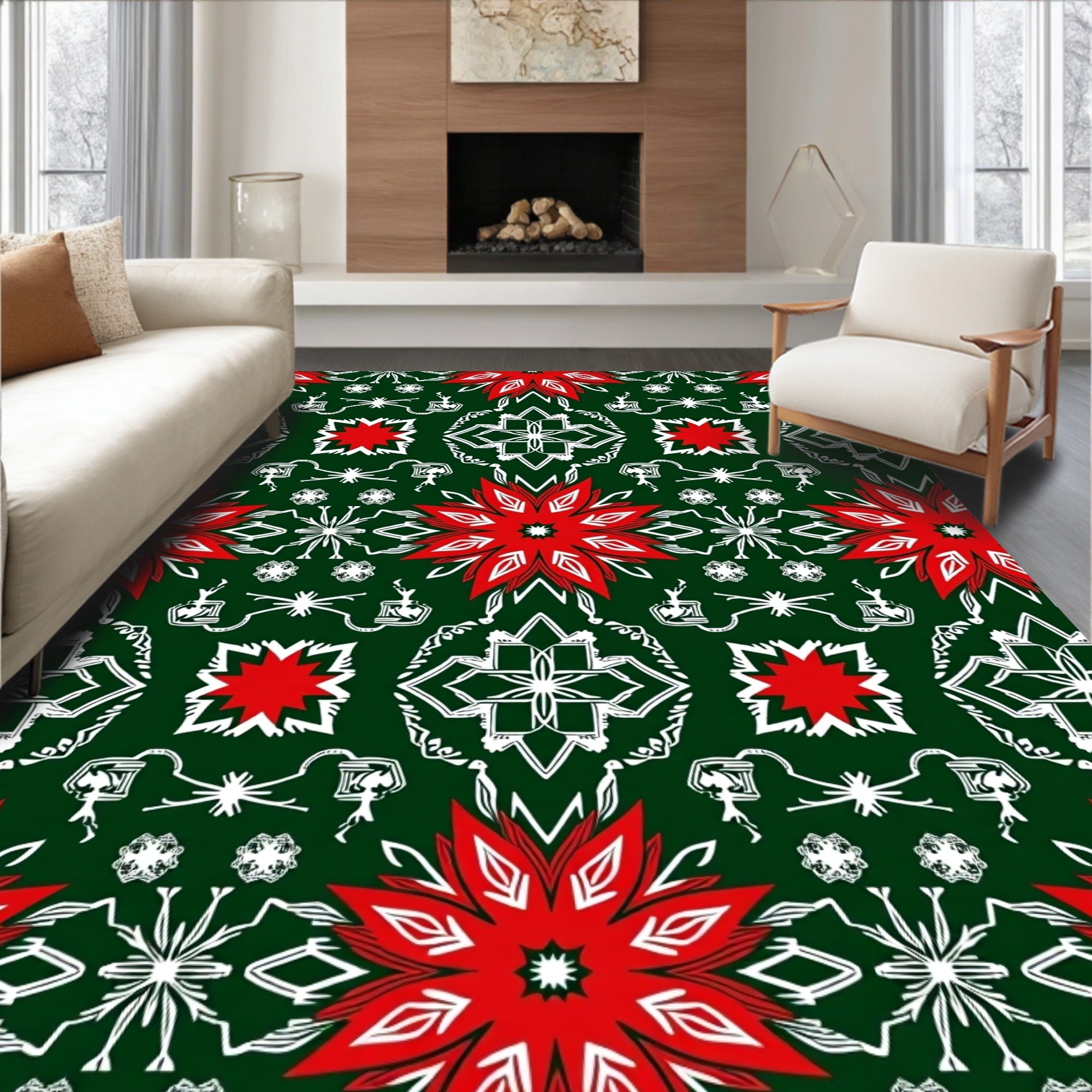 Emerald Green Red White Floral Medallion Rug