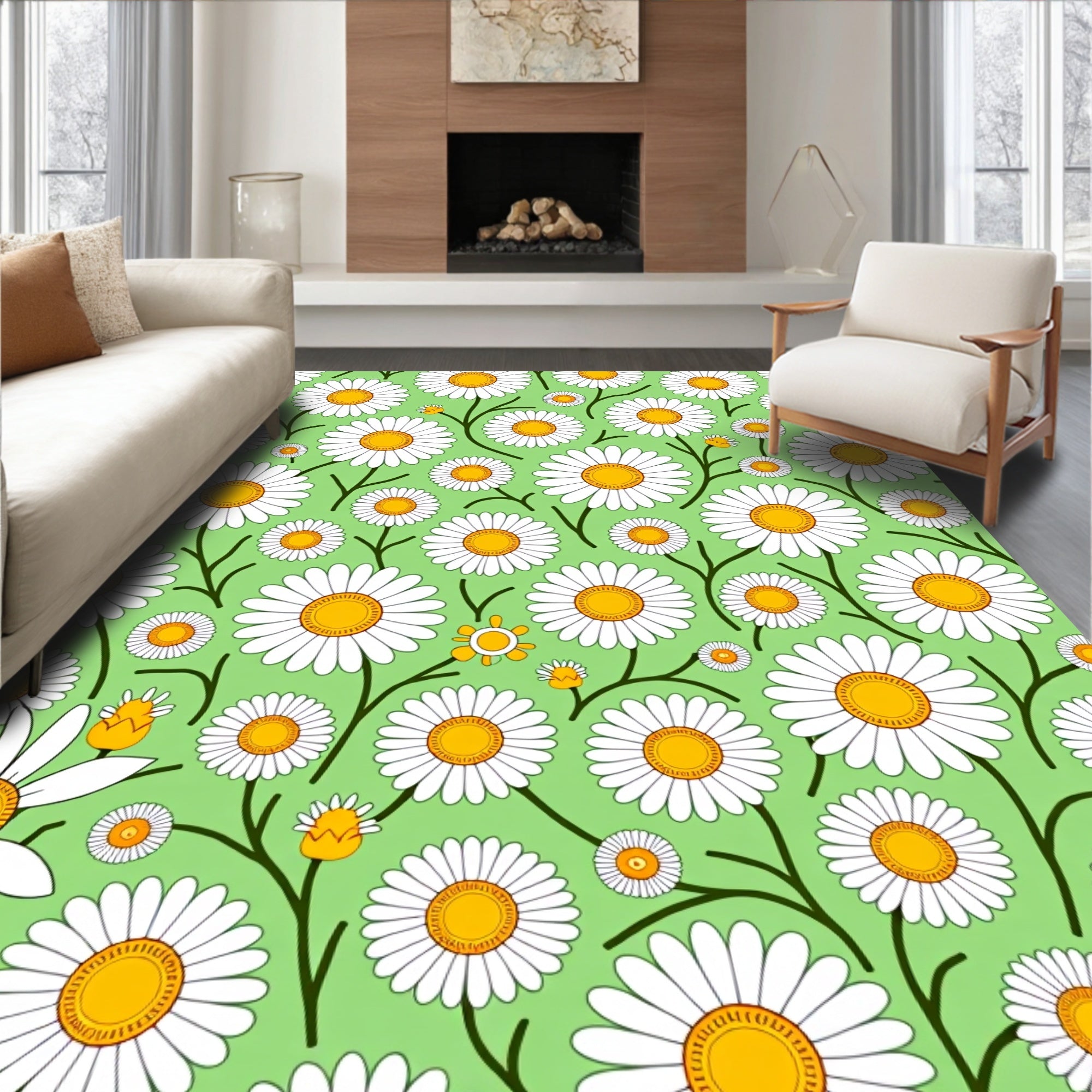 Charming Green Daisy Meadow Rug