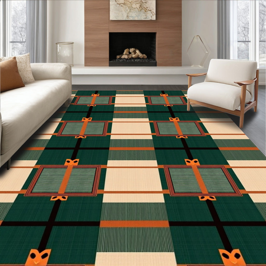 Green Orange Plaid Square Ribbon Rug