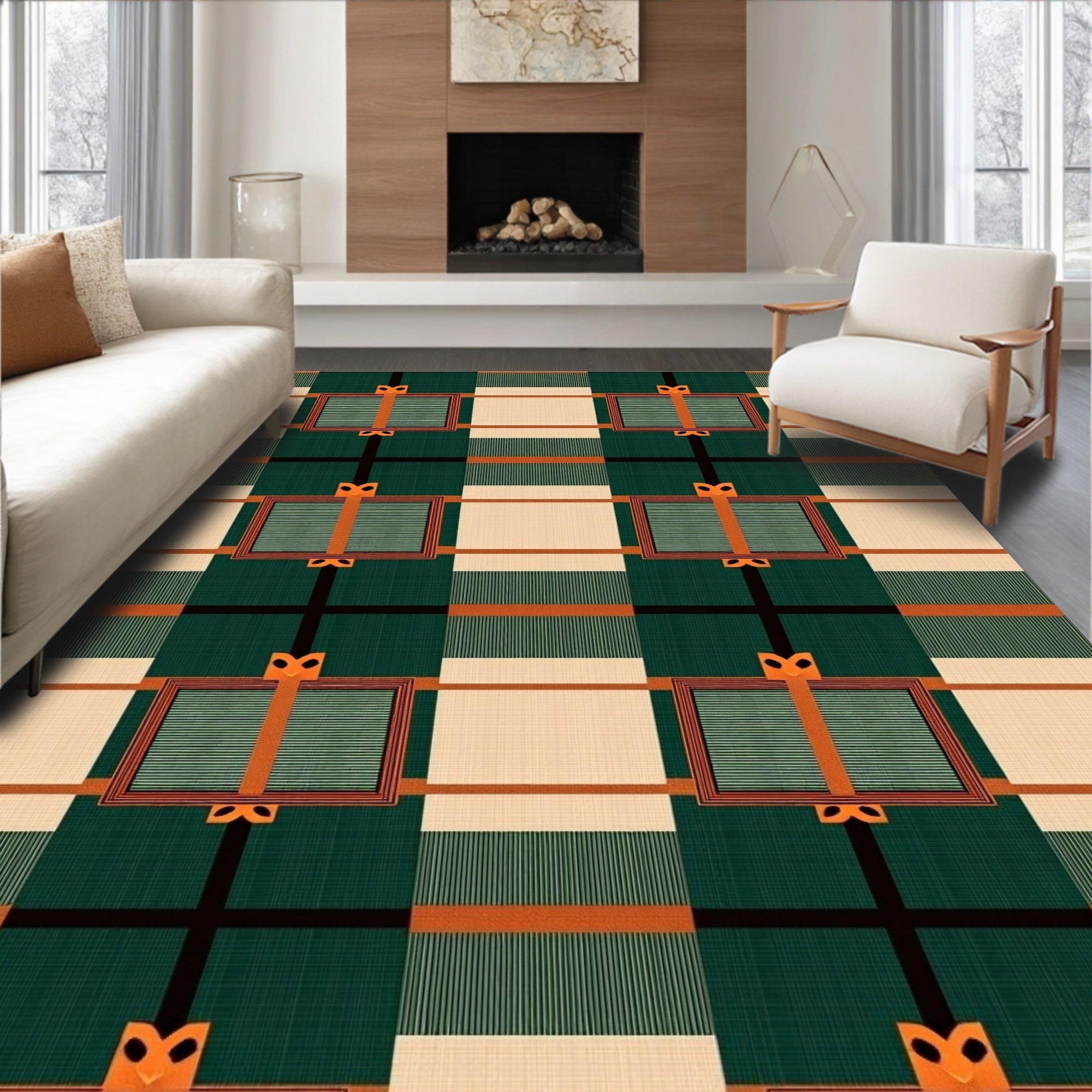 Green Orange Plaid Square Ribbon Rug