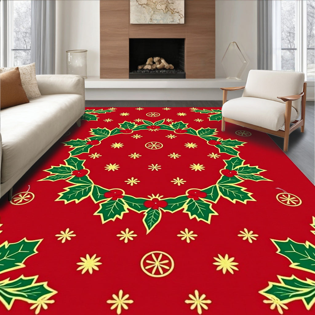 Festive Holly Wreath Red Christmas Rug