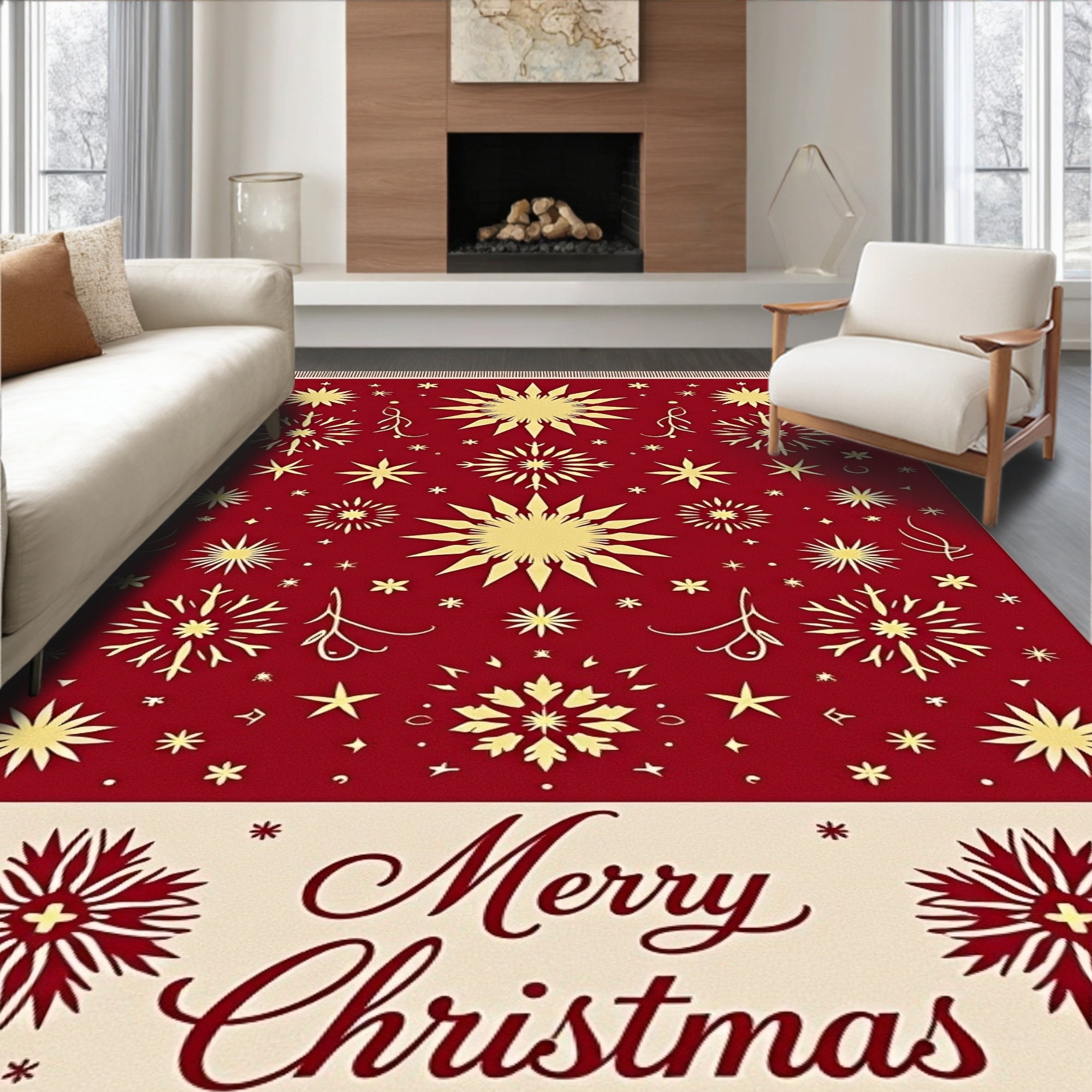Festive Red Gold Snowflake Christmas Rug