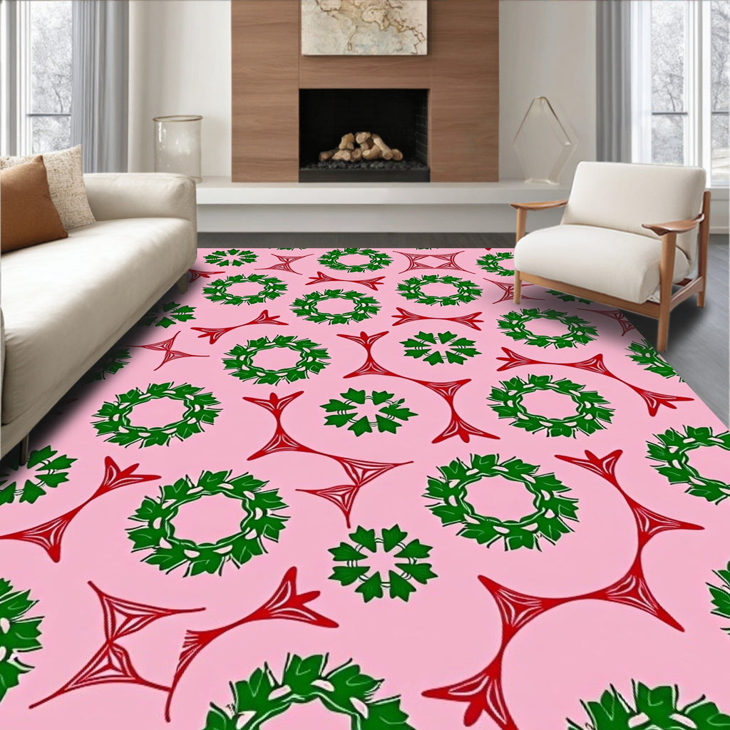 Pink Red Green Wreath Starburst Medallions Rug