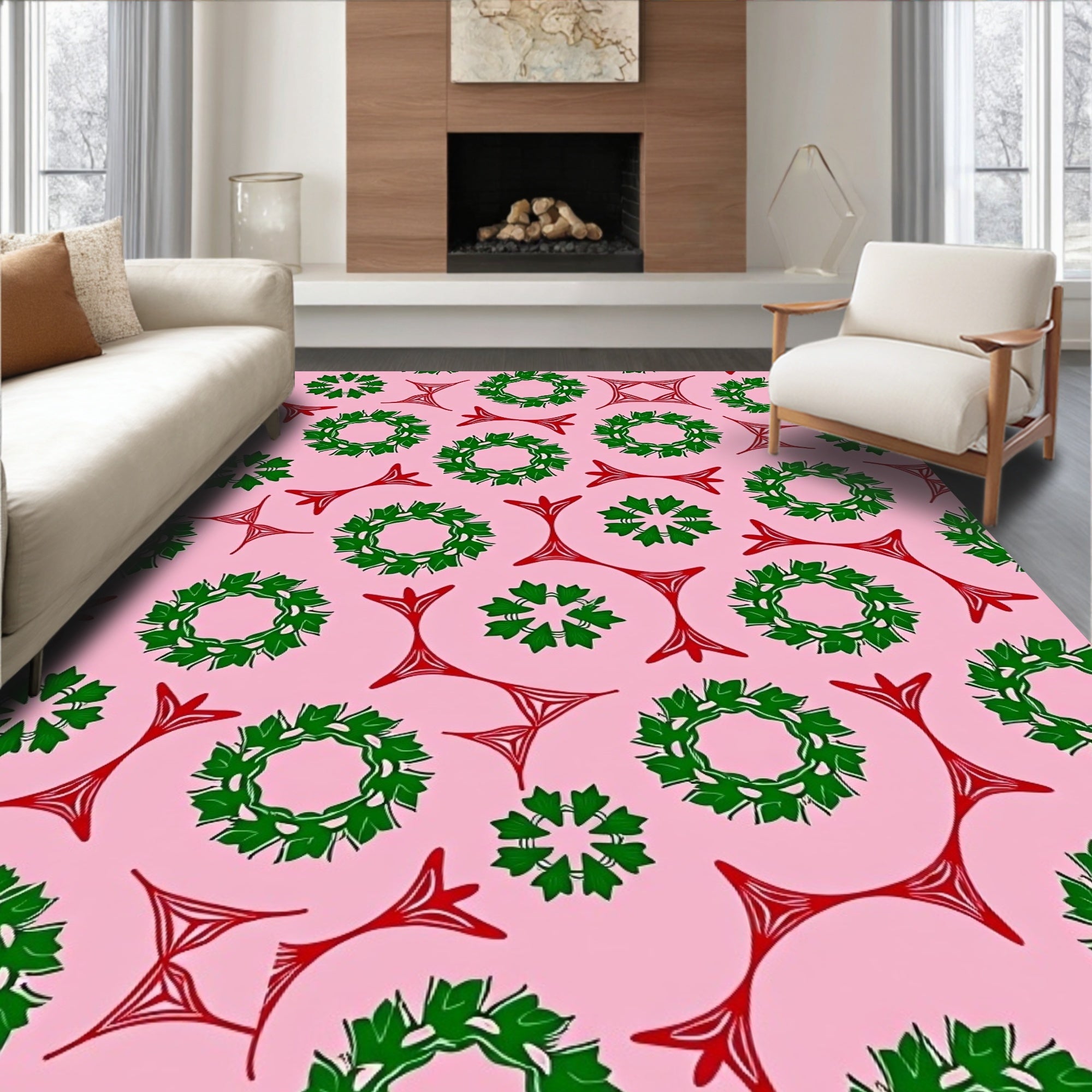 Pink Red Green Wreath Starburst Medallions Rug