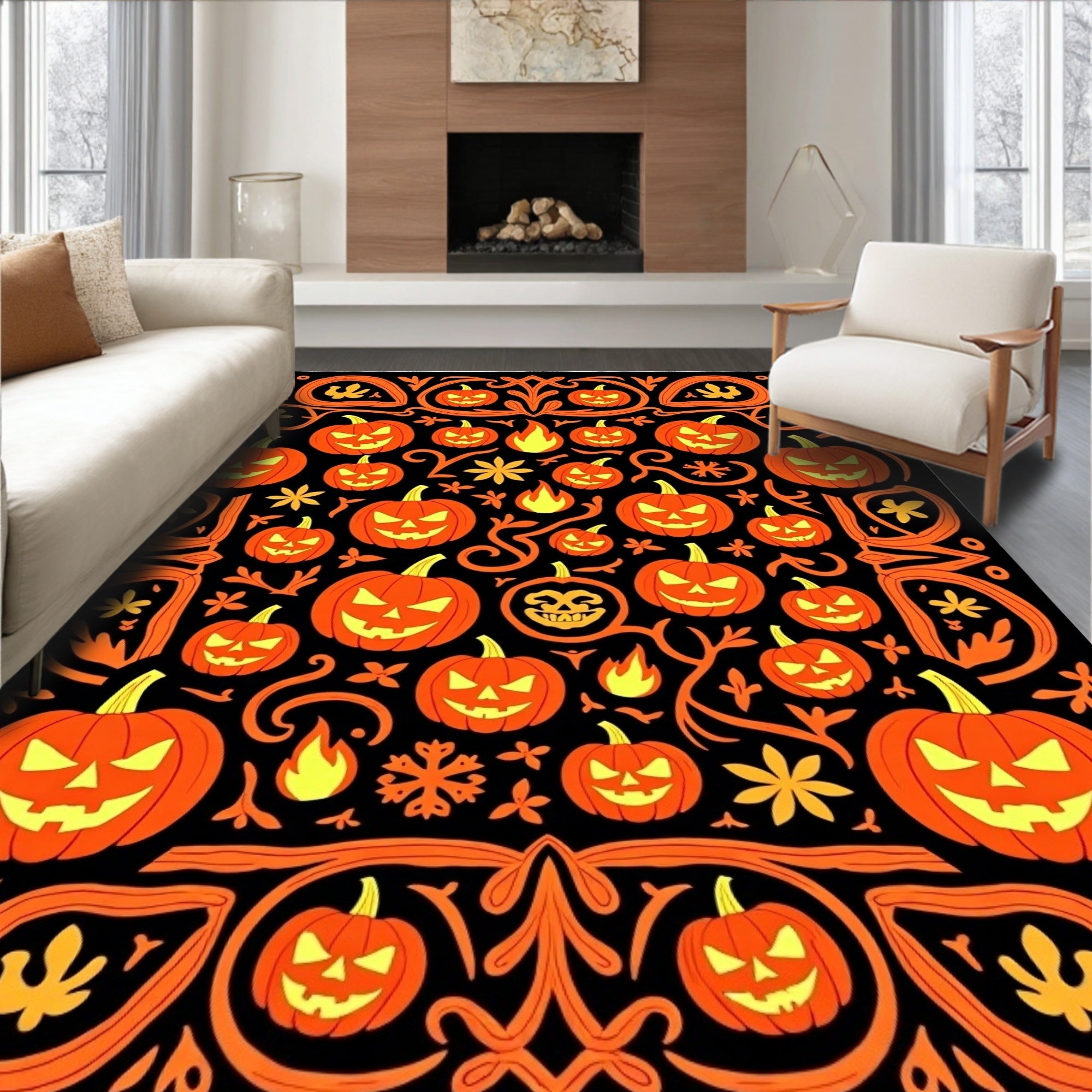 Spooky Orange Pumpkin Halloween Collage Rug