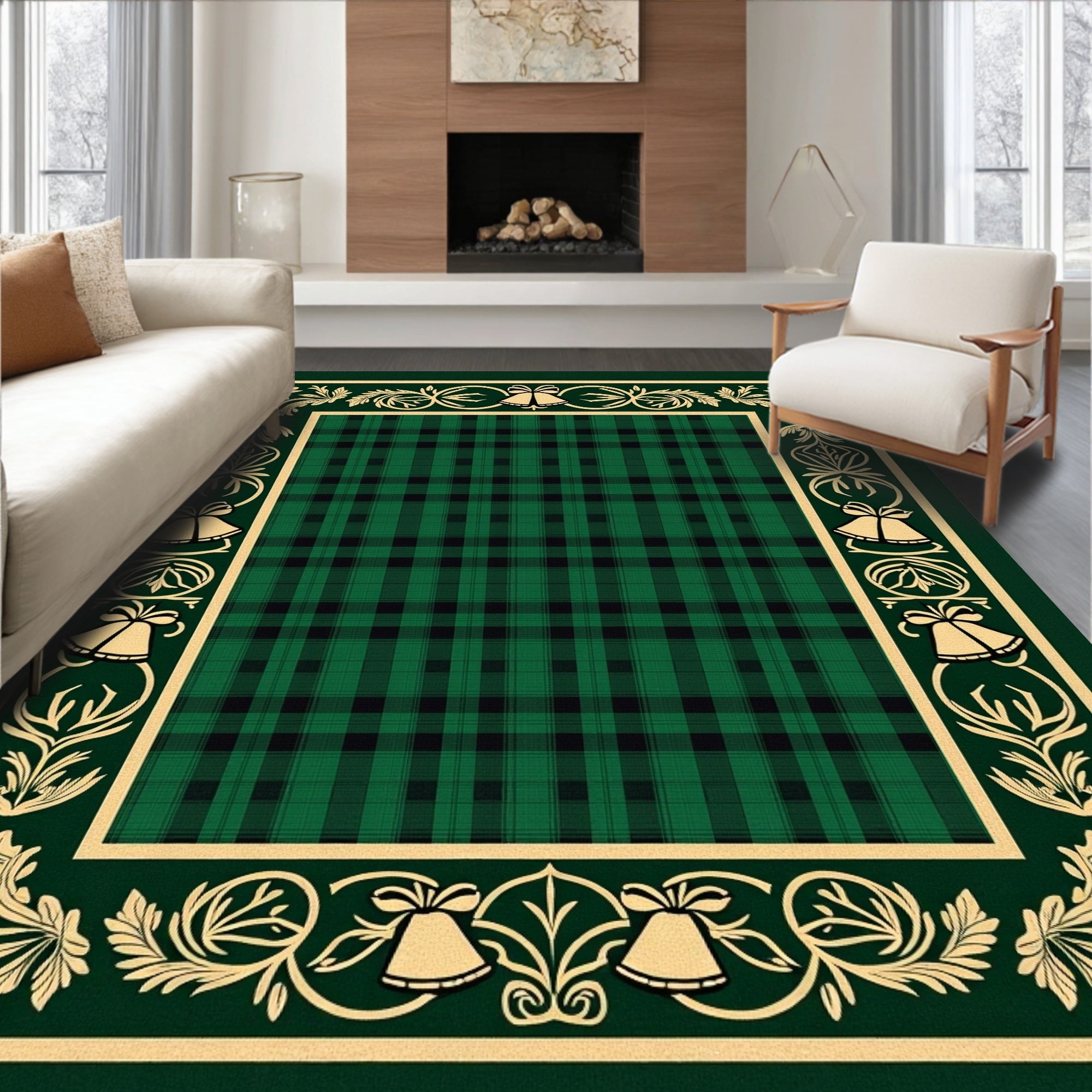 Emerald Green Plaid Bordered Bells Rug