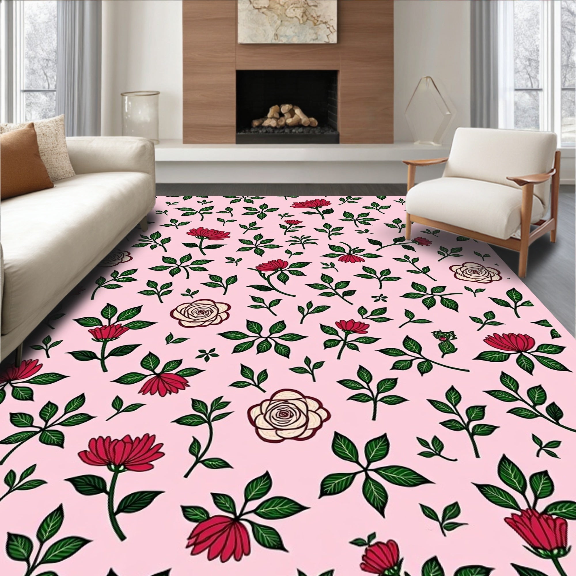 Crimson Rose and Leaf Scatter Rug