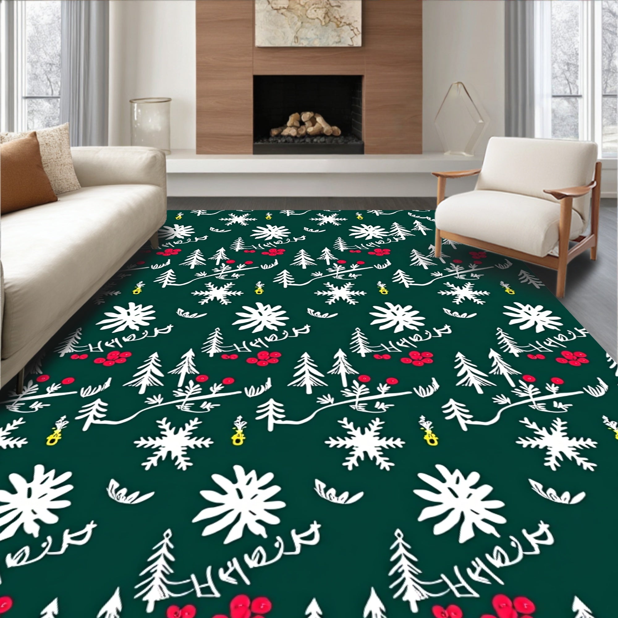 White Snowflake Pine Berry Garland Rug