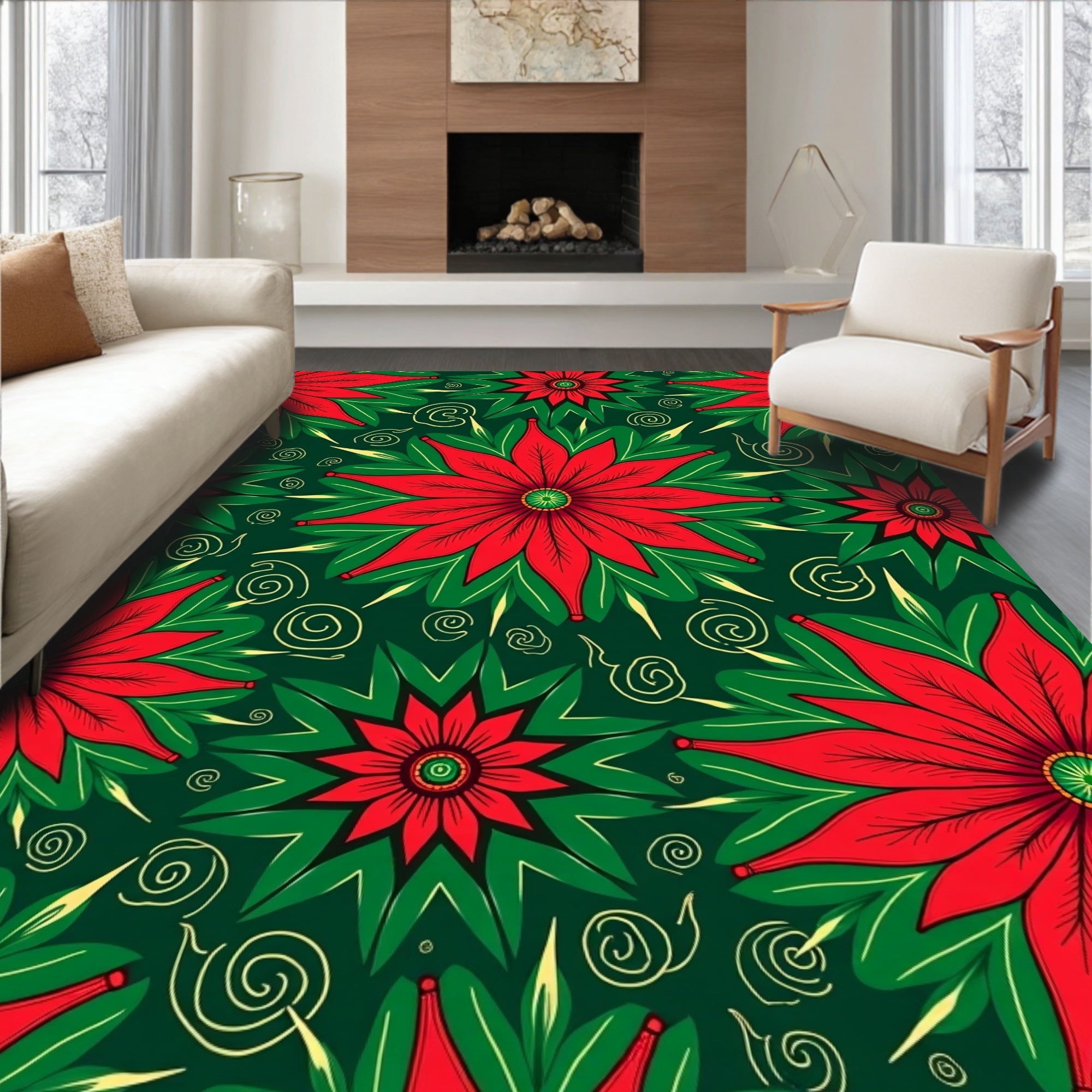 Vibrant Red Green Floral Swirl Rug