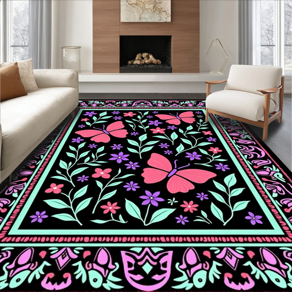 Whimsical Pink Butterfly Floral Art Rug