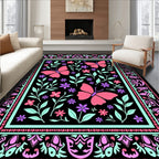 Whimsical Pink Butterfly Floral Art Rug