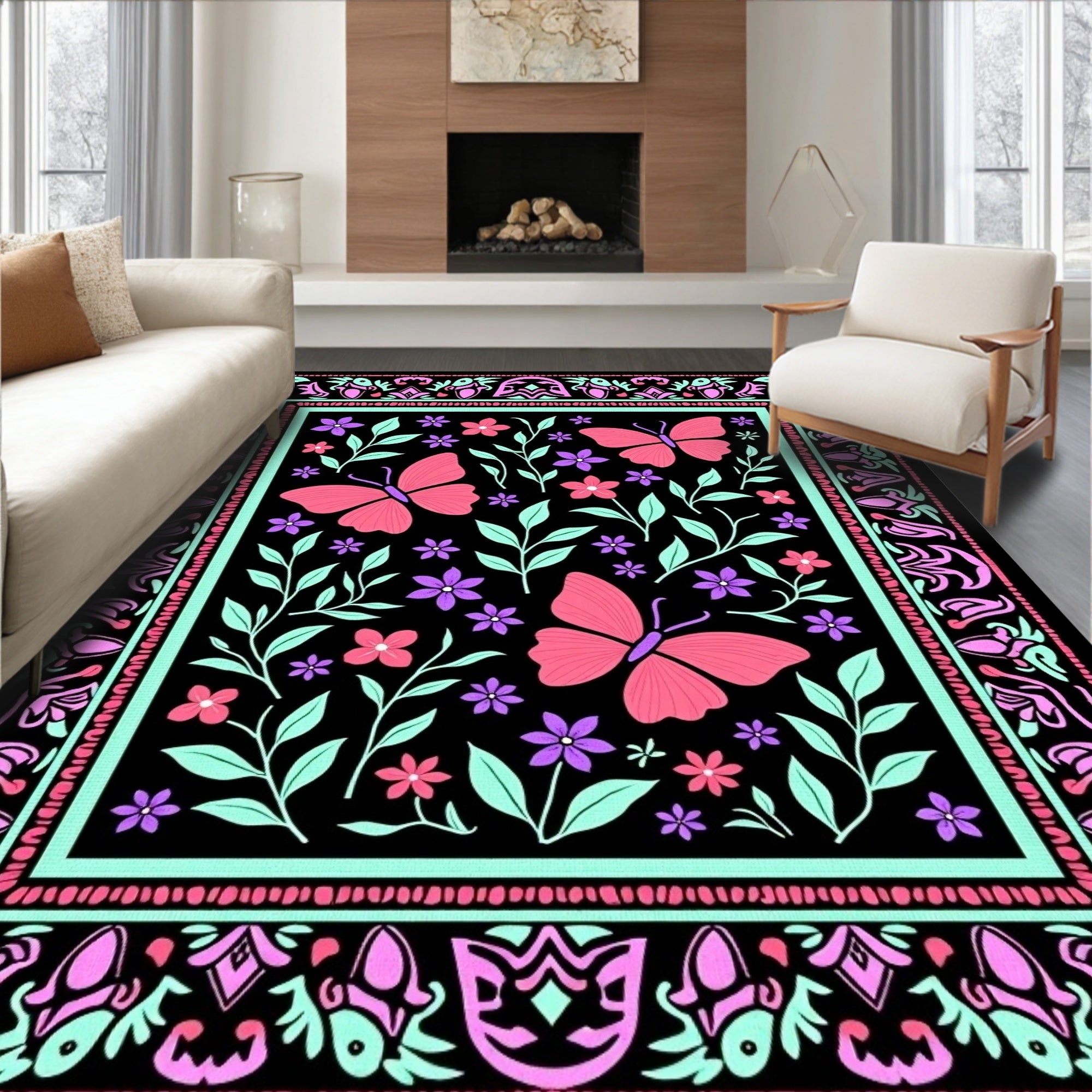 Whimsical Pink Butterfly Floral Art Rug