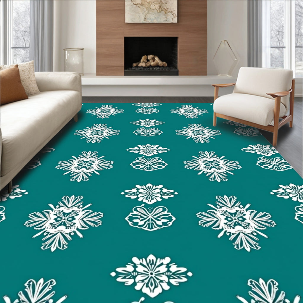 Teal White Floral Medallion Repeat Rug