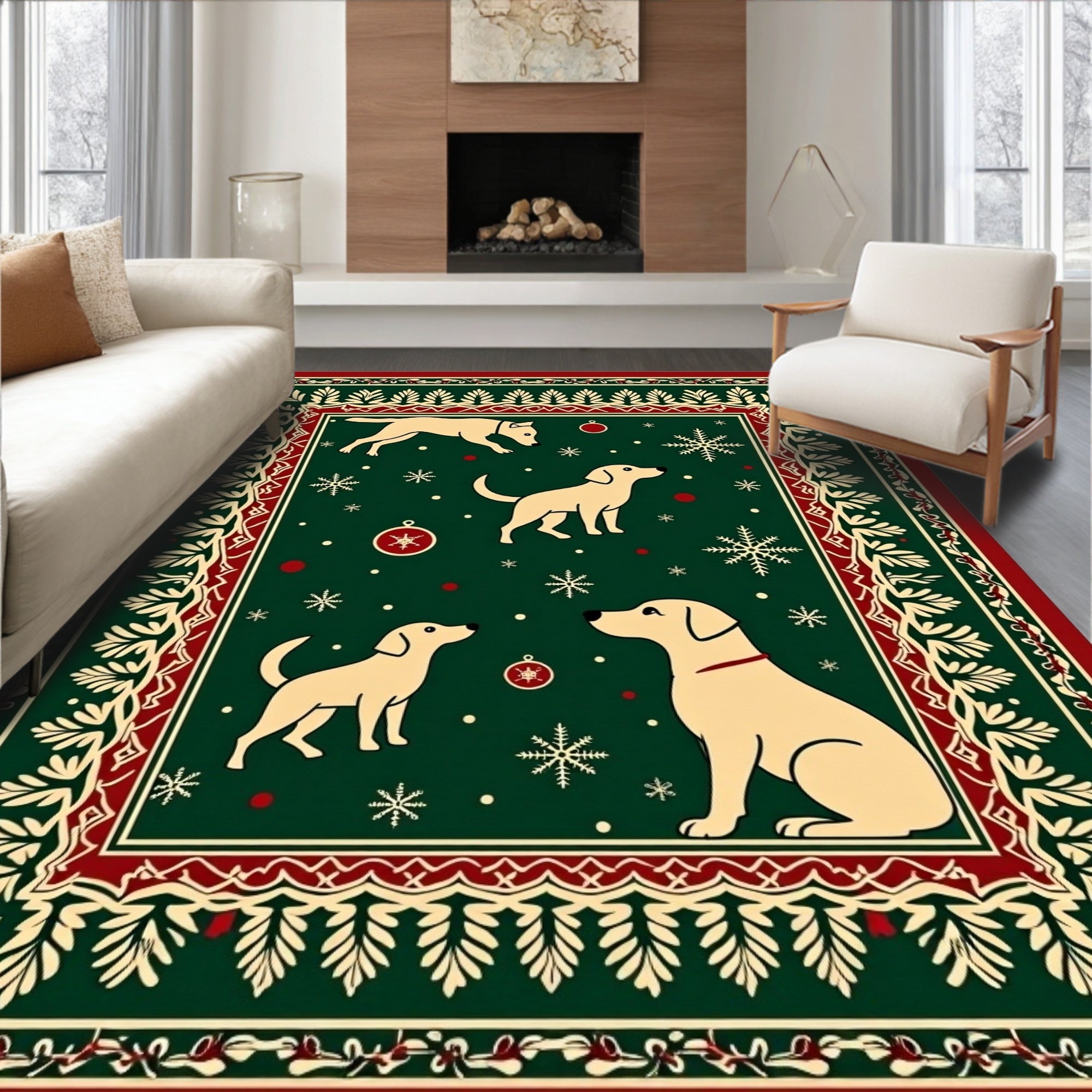 Festive Golden Dogs Snowflake Garland Rug
