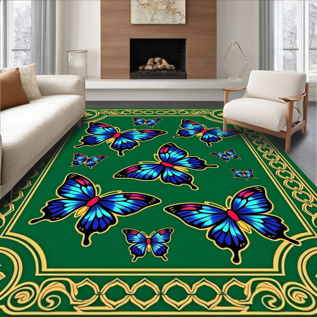 Emerald Green Butterfly Garden Border Rug