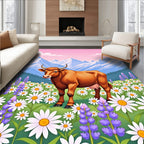 Brown Cow Meadow Mountain Floral Scene Rug