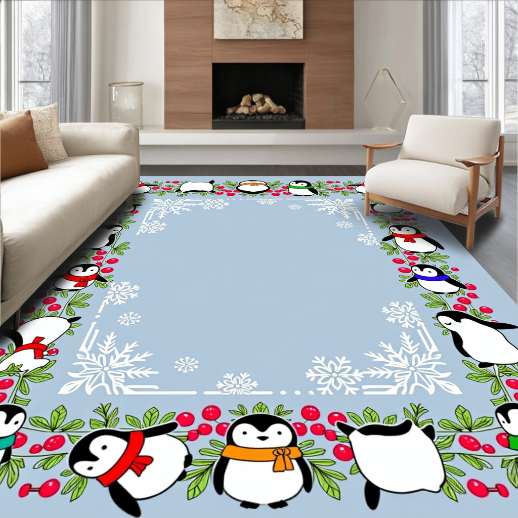 Cute Penguin Red Berry Border Snowflakes Rug