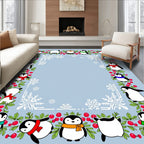 Cute Penguin Red Berry Border Snowflakes Rug