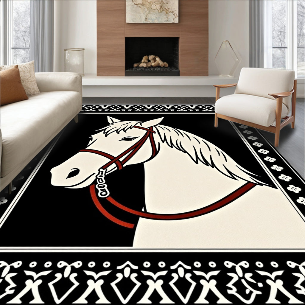 Elegant White Horse Black Border Rug