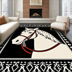 Elegant White Horse Black Border Rug