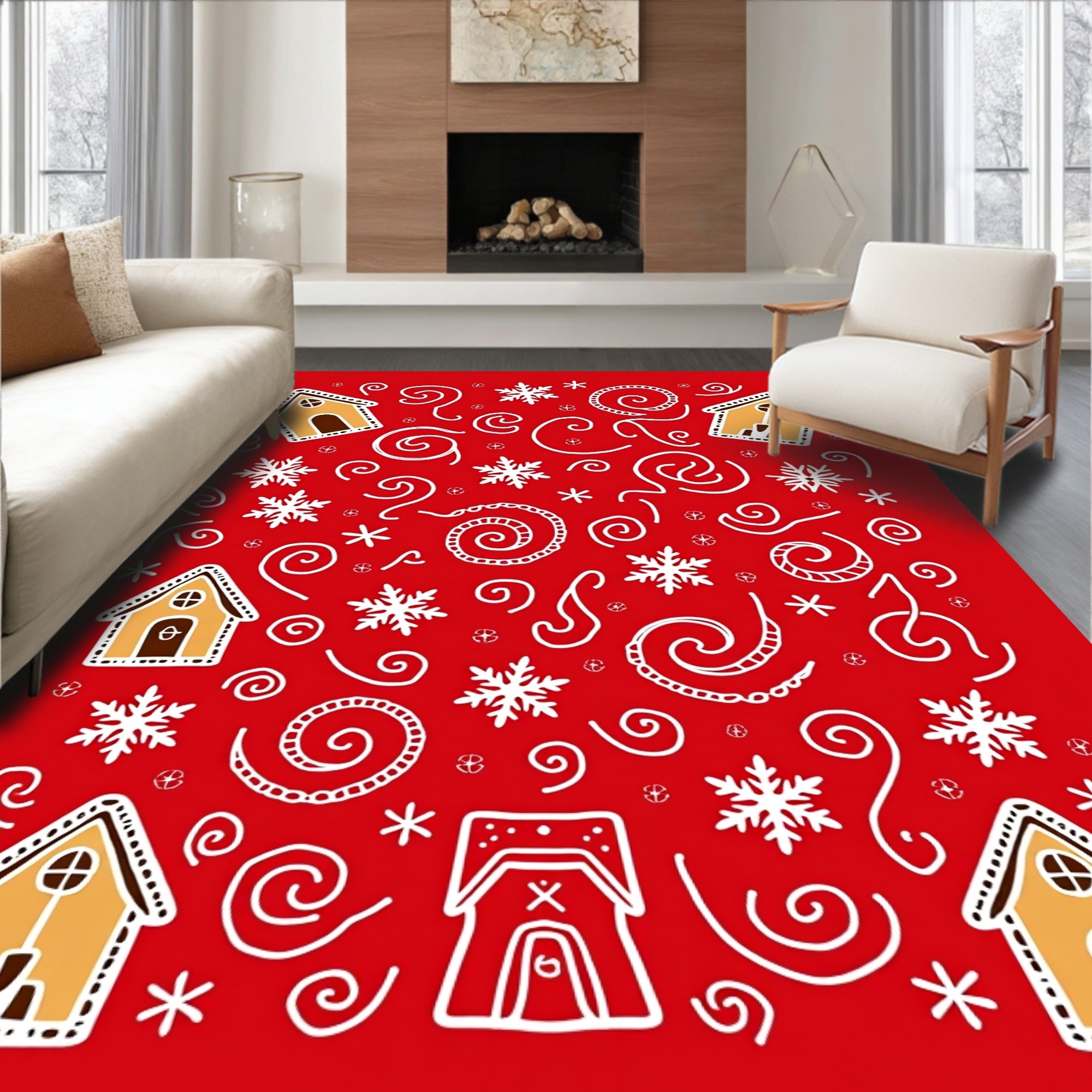 Holiday Gingerbread Houses Snowflakes Swirls Rug