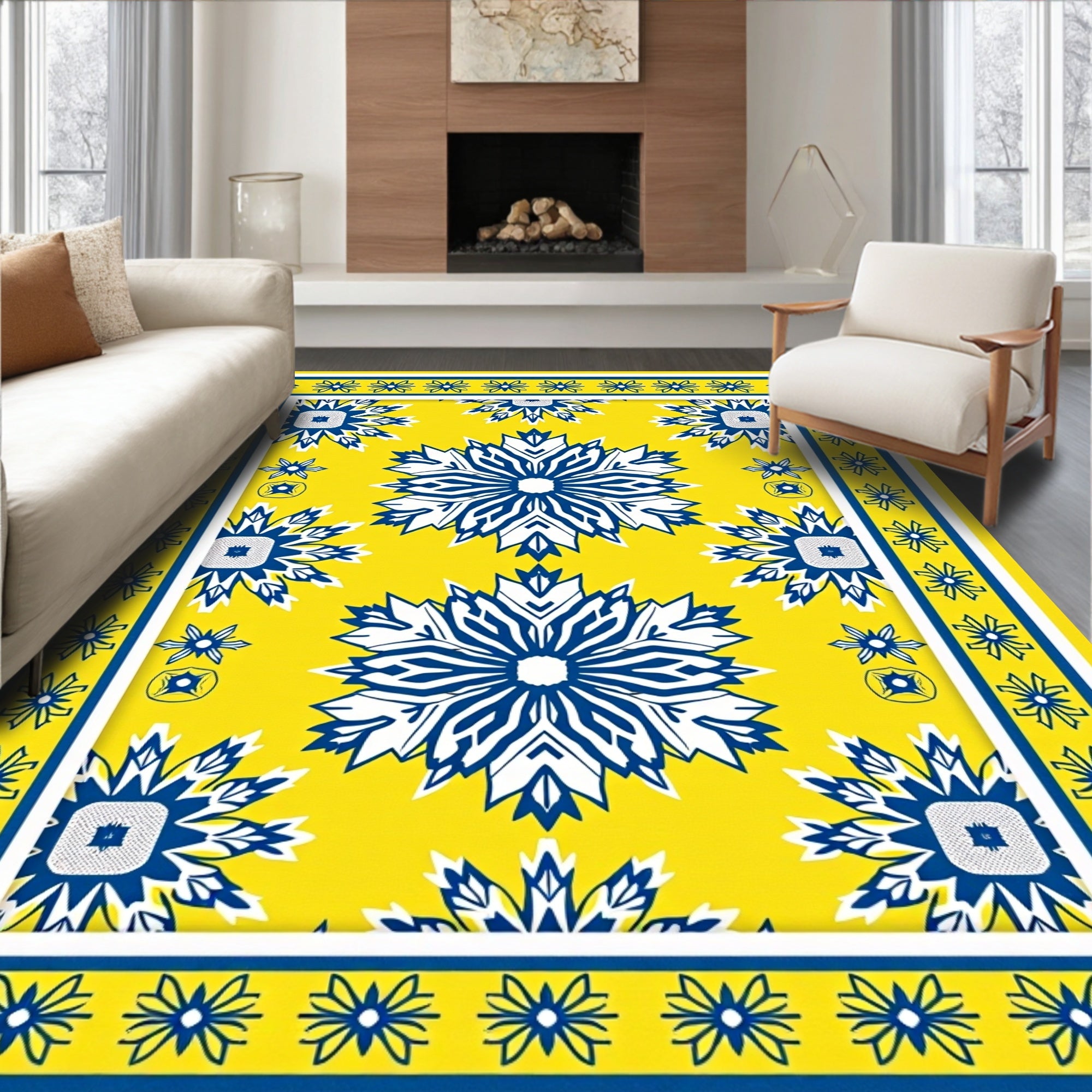 Bright Yellow Blue Starburst Arrangement Rug