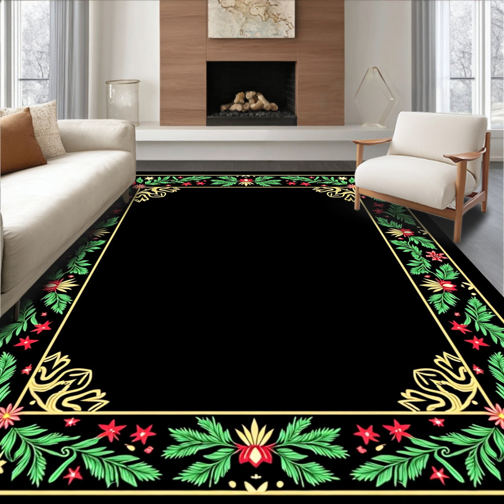Festive Red Green Floral Border Rug
