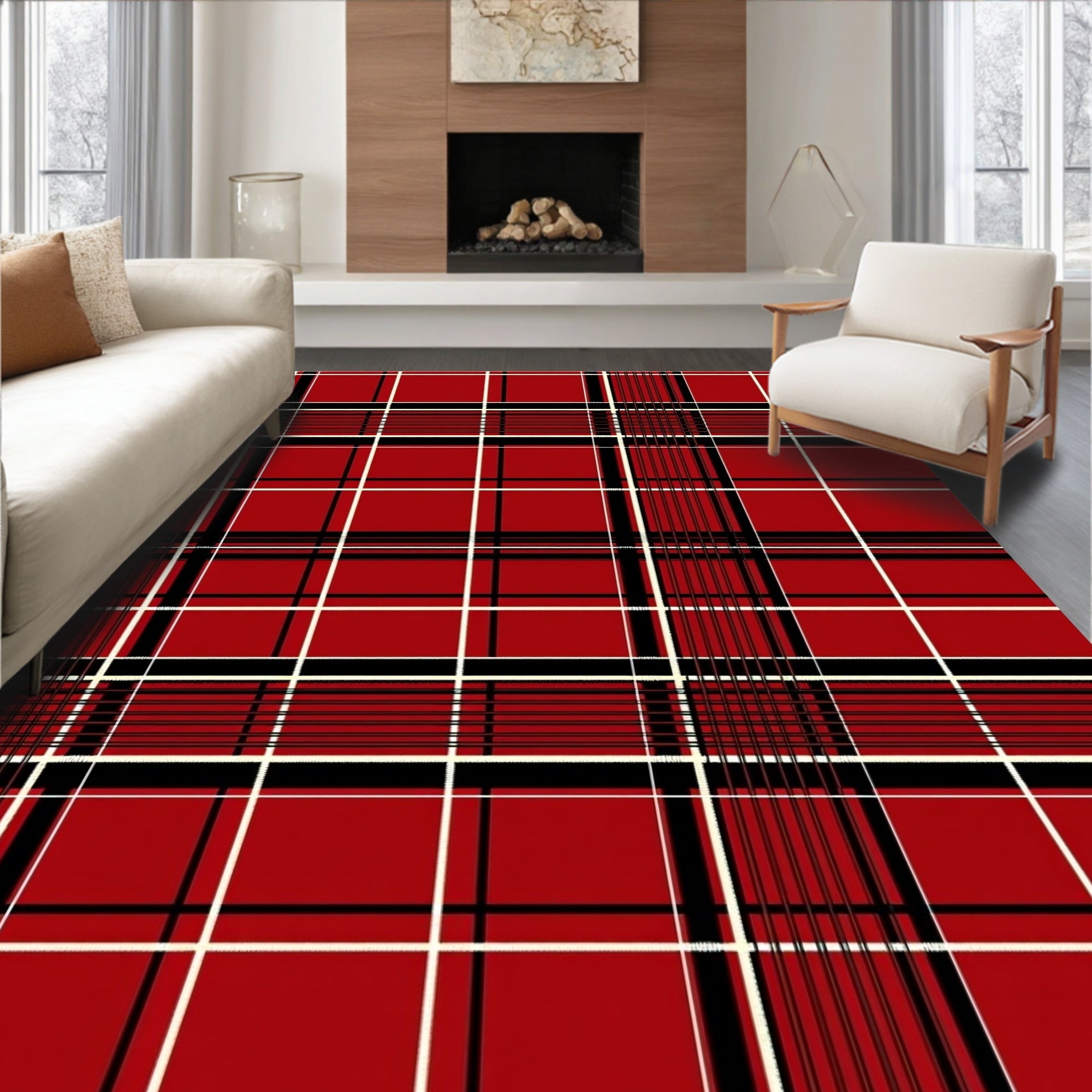 Classic Red Black White Plaid Rug