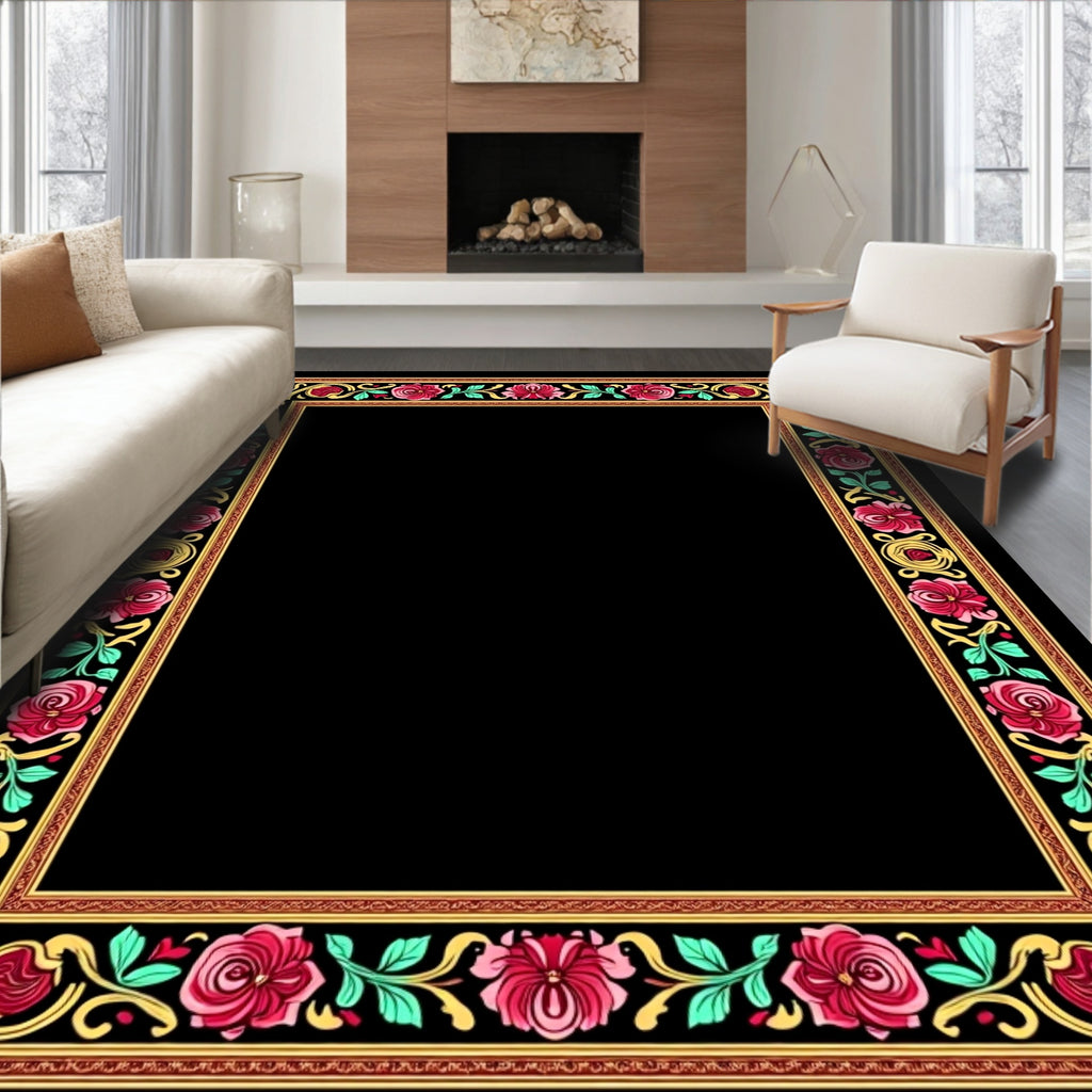 Ornate Pink Rose Leaf Scroll Frame Rug
