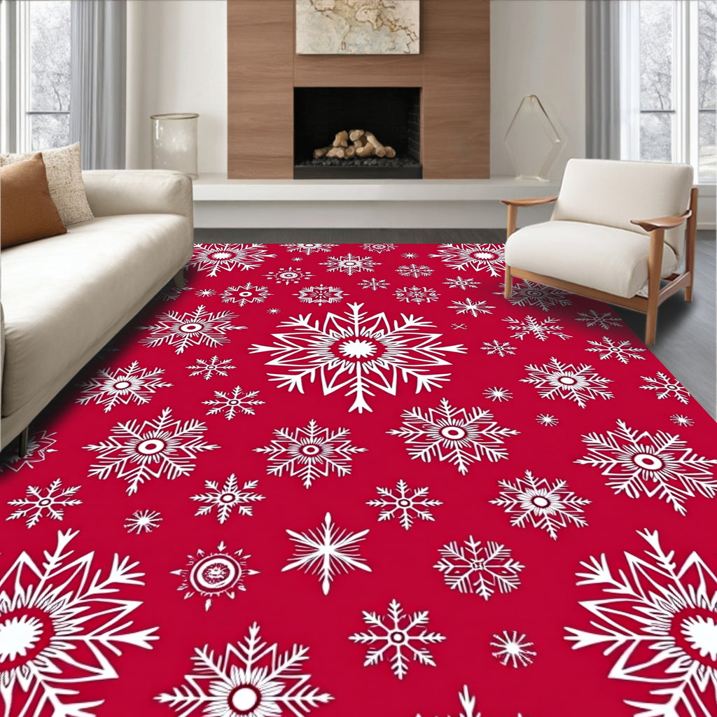 Crimson Red White Snowflake Collage Rug