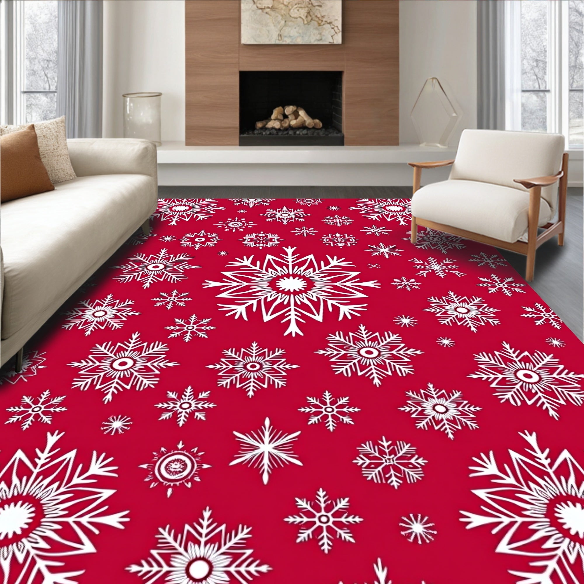 Crimson Red White Snowflake Collage Rug