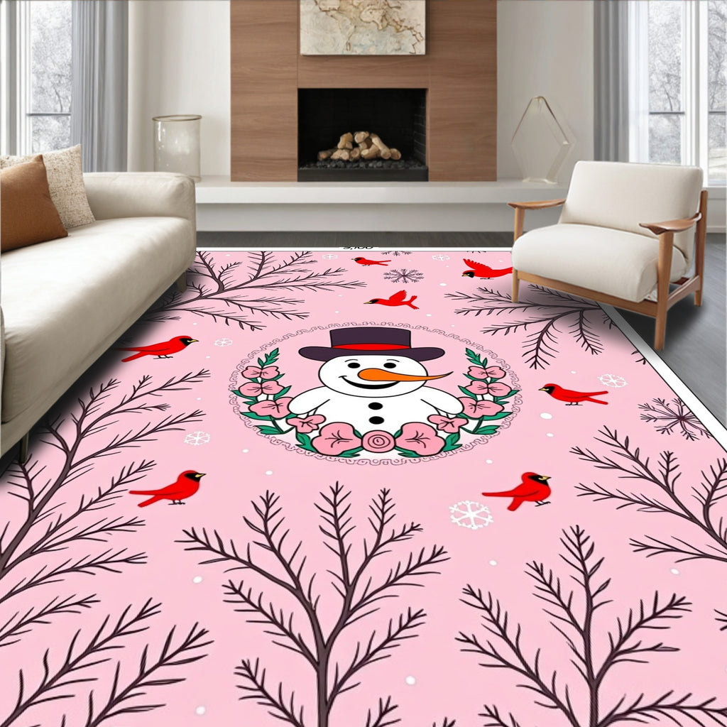 Pink Snowman Cardinal Winter Forest Rug