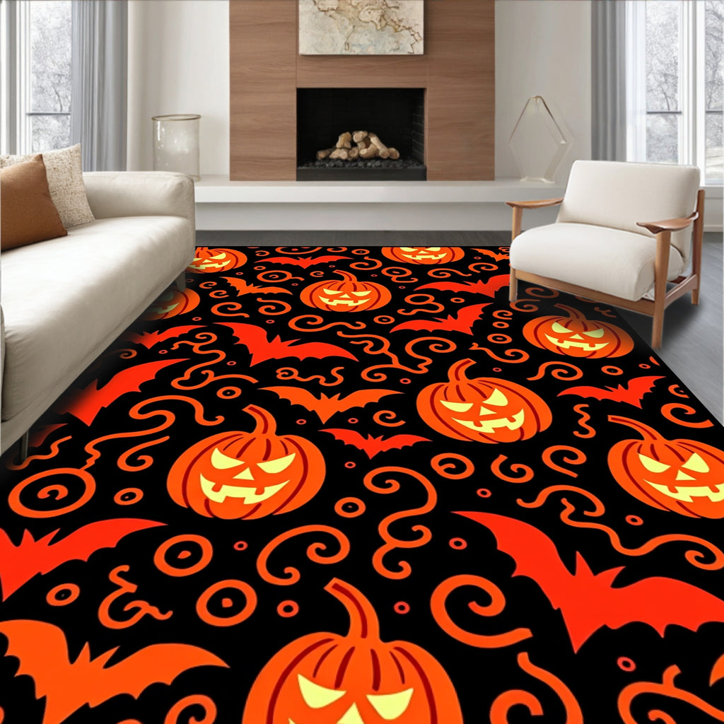 Orange Pumpkin Bats Swirls Black Rug