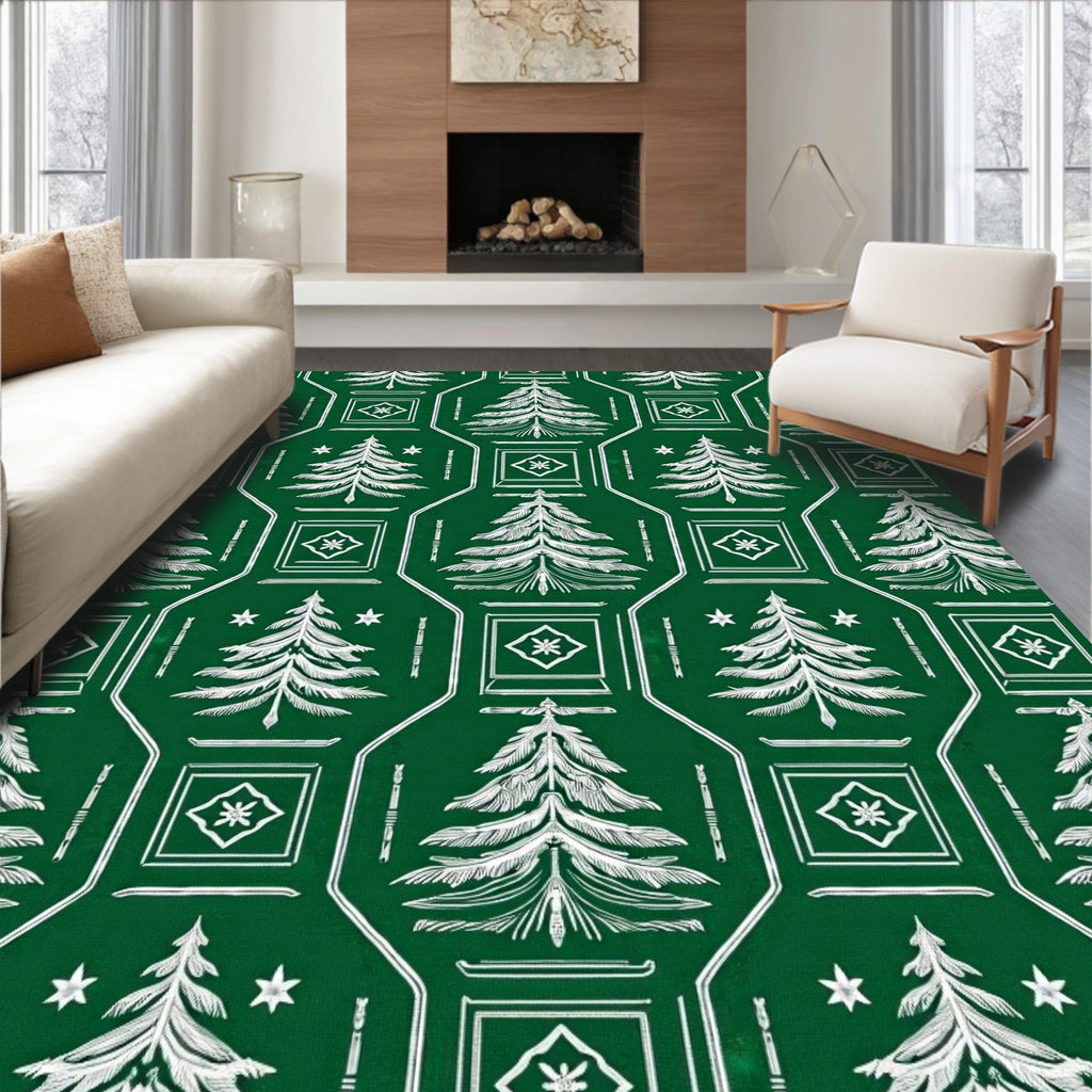 Classic Green White Christmas Tree Medallion Rug