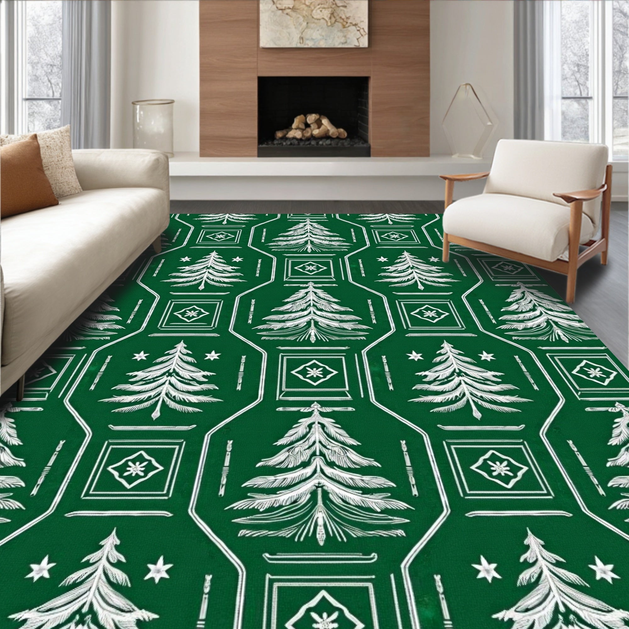 Classic Green White Christmas Tree Medallion Rug
