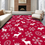 Festive Red White Reindeer Snowflake Rug