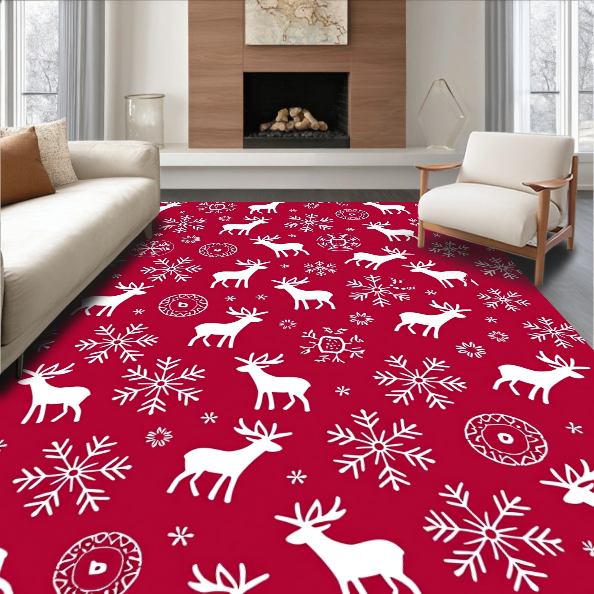 Festive Red White Reindeer Snowflake Rug