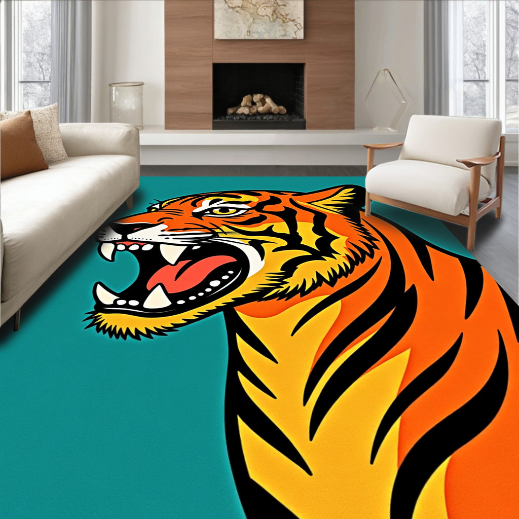 Bold Tiger Head Orange Black Teal Rug
