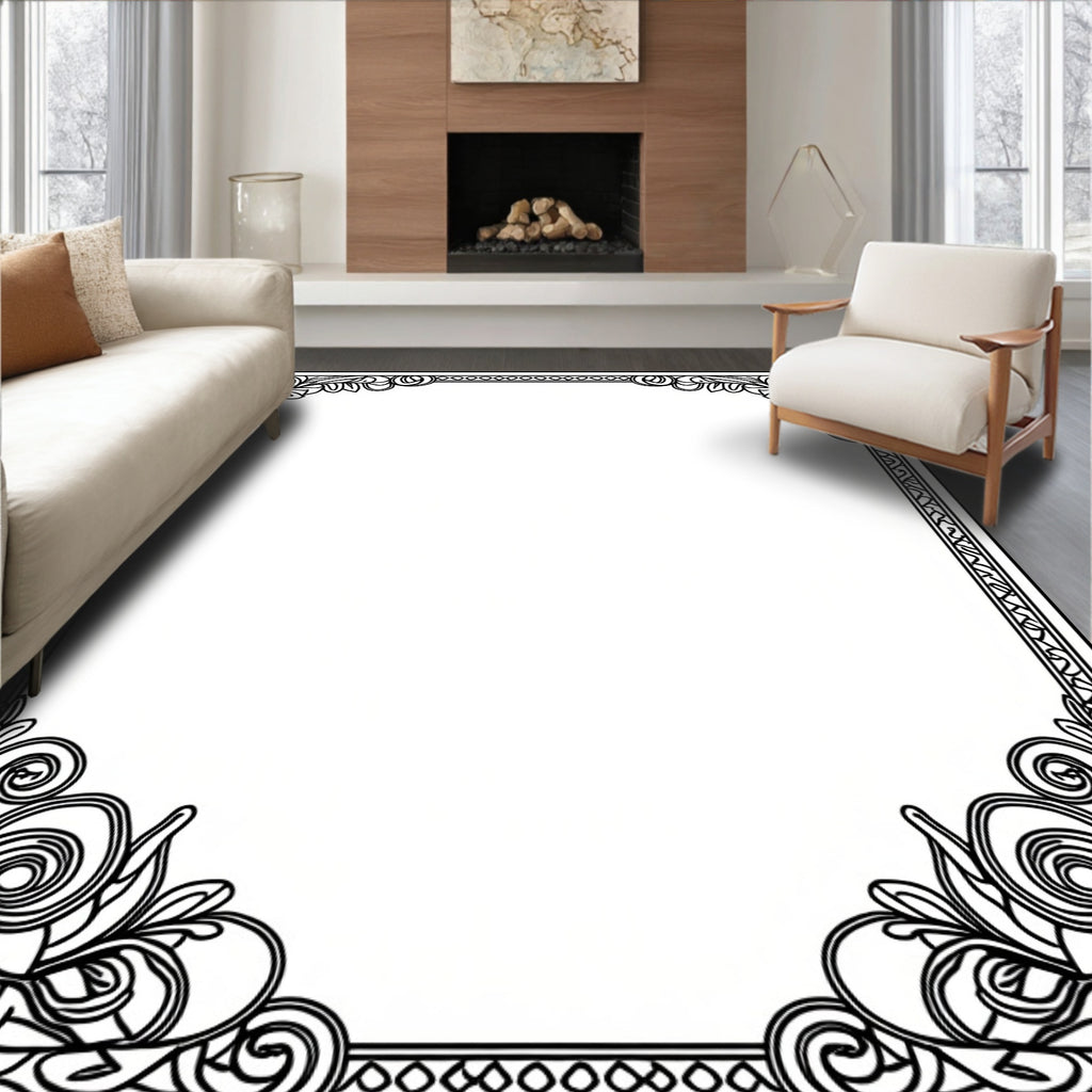 Ornate Black Scrollwork Border Rug