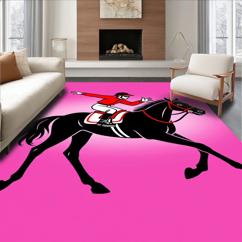 Jockey Riding Black Horse Pink Background Rug